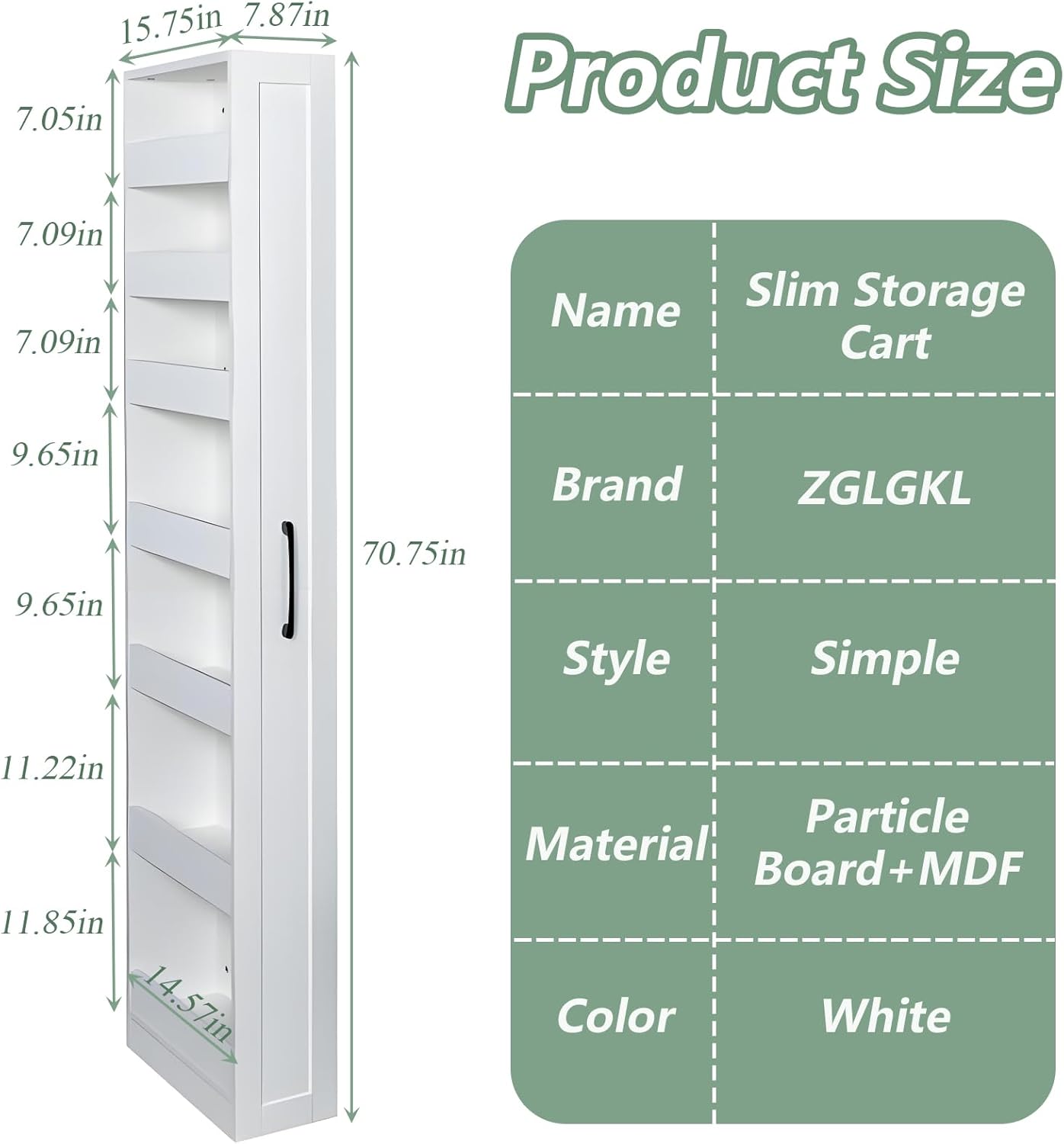7 Tier Slim Storage Cart, Rolling Spice Rack Next to Fridge Slim, Standing-Shelf with Wheels, Wooden Narrow Buffet Server Storage Shelf for Living Room & Narrow Spaces