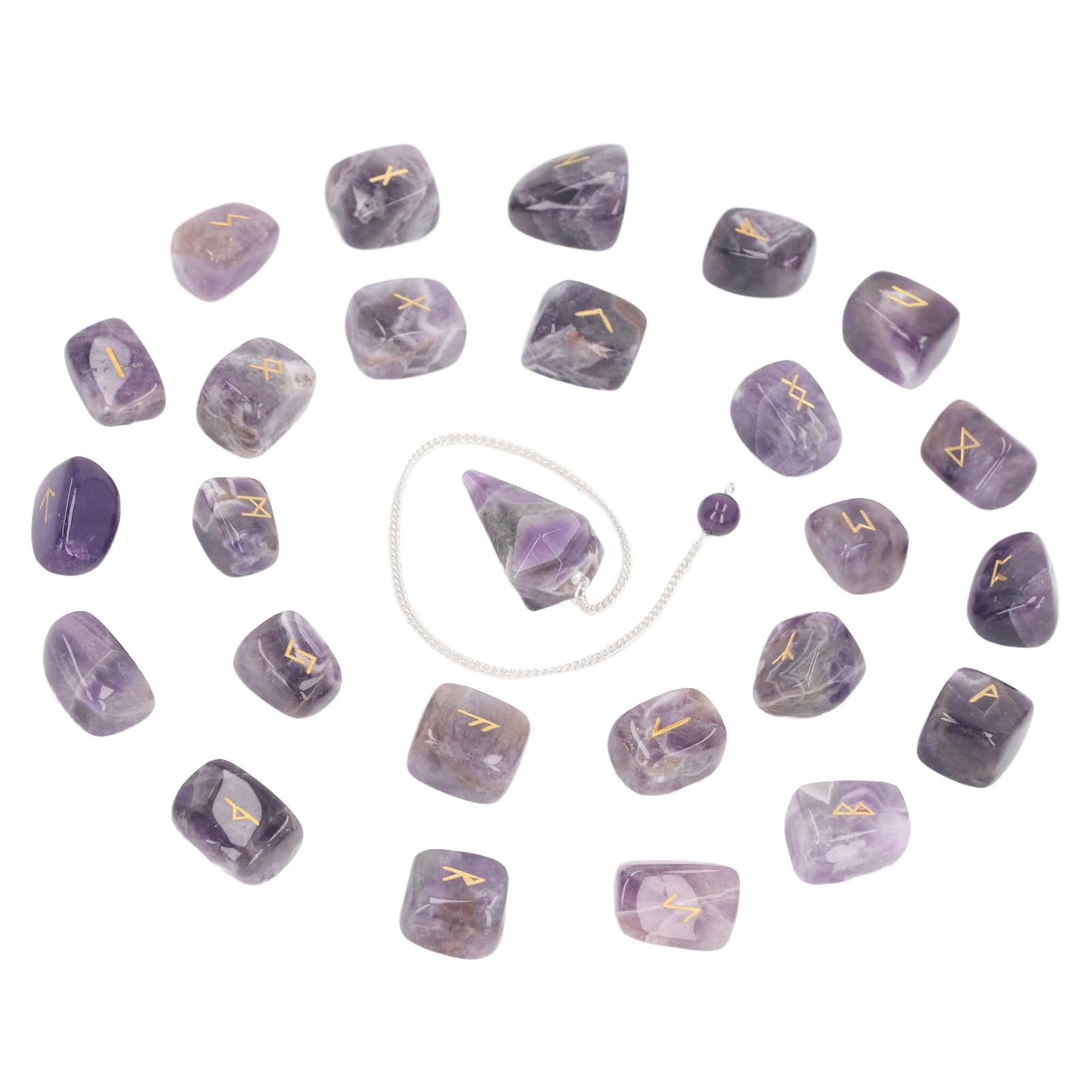 Juego de 25 Piedras Runas, Péndulo y Bolsa de Cristal, Curación, Chakras Equilibrados, Mente Pacífica, Adivinación, Meditación para Problemas Emocionales, Colección de Rocas,