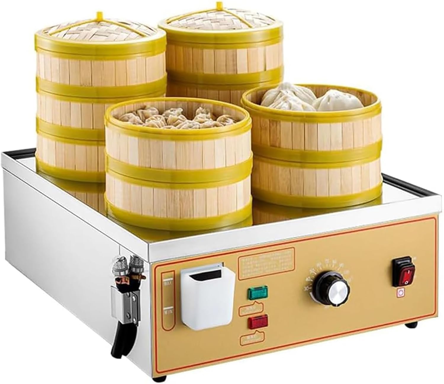 Commercial Electric Dim Sum Steamer, Four-Hole Steamed Bun Machine, Dry Boiling/Water Shortage Alarm and Independent Water Supply, 30-110℃ Temperature Adjustment