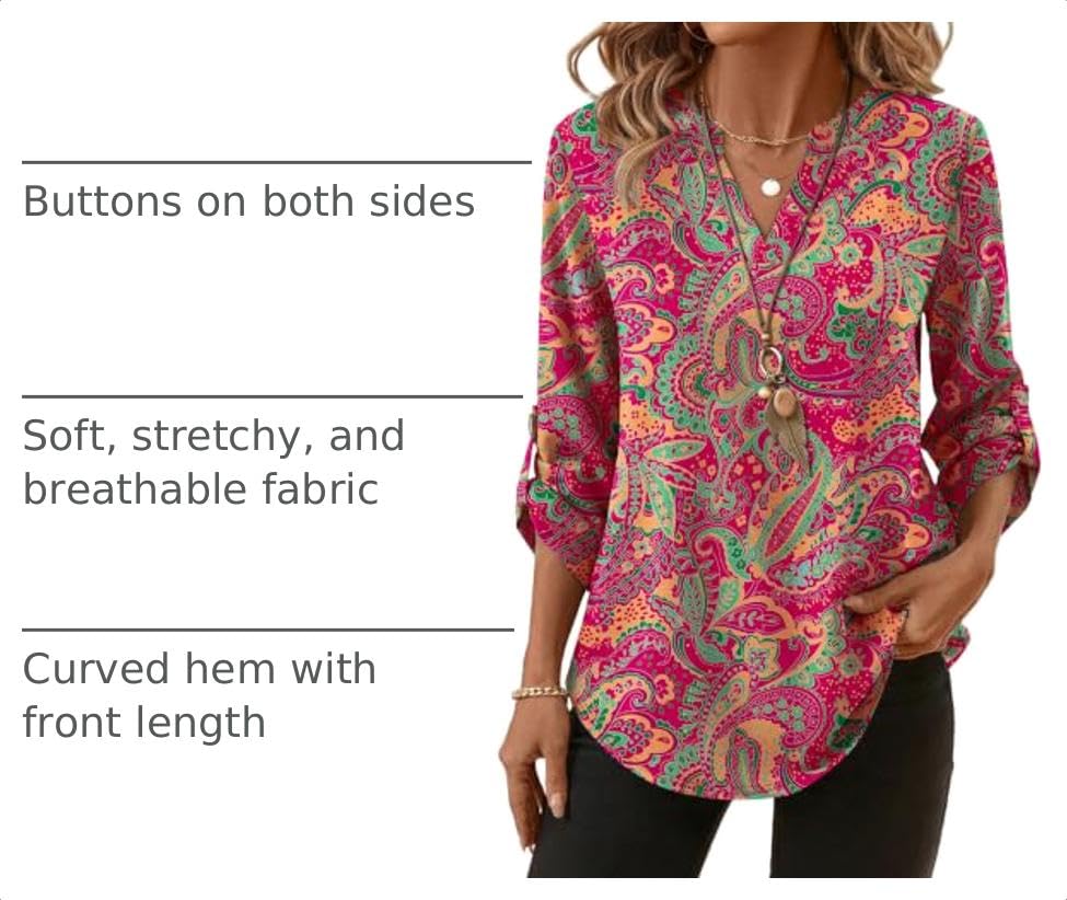Image of XIEERDUO 3 /4 Length Sleeve Womens Tops V Neck T Shirts Both Side Buttons Blouses Business Casual Outfits Loose Fit