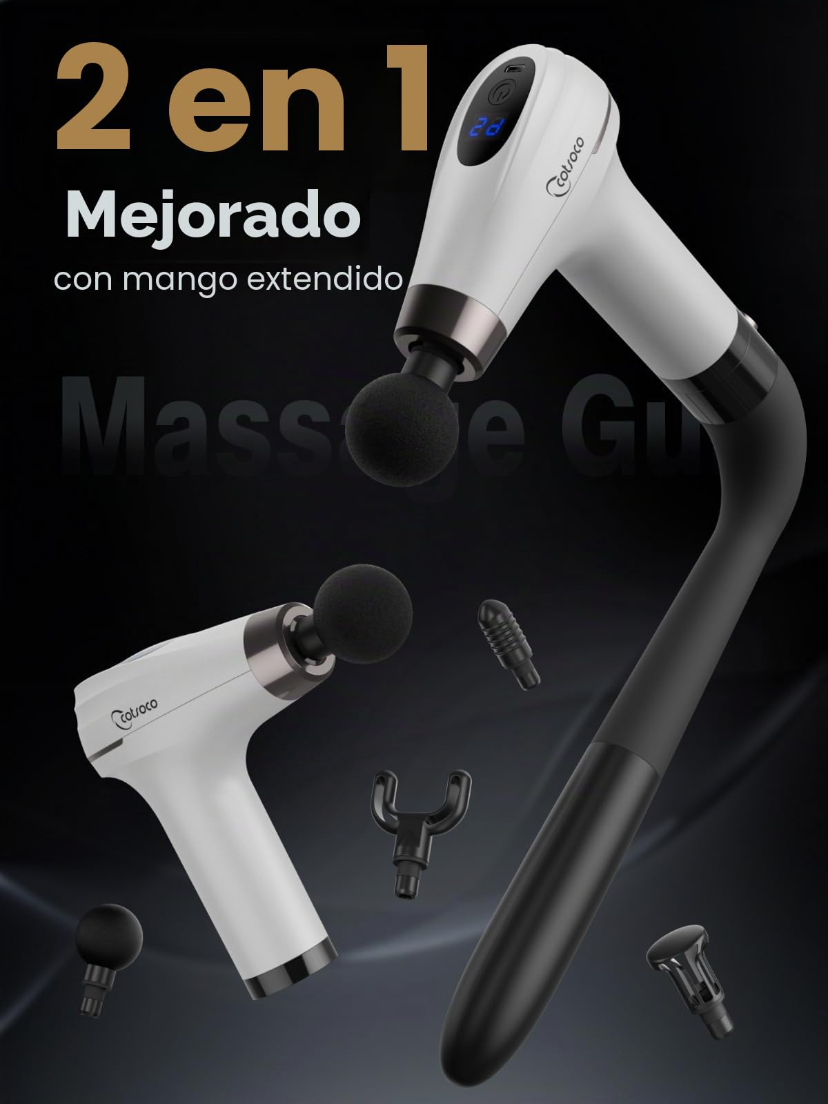 Cotsoco Pistola de Masaje con Mango de Extensión Mejorado - Masajeador de Percusión Profunda para la Espalda con 4 Cabezales de Masaje y 6 Niveles de Velocidad, Regalo para Él y Ella