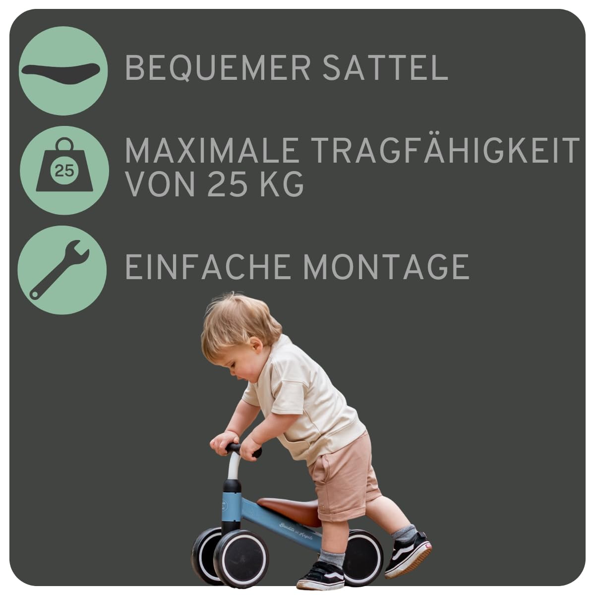Bandits & Angels Laufrad Little Starter für 1 Jahr - Lauflernrad - Vierrad - Pannenfreie Reifen - Metall - Geburtsdag Geschenk - CE