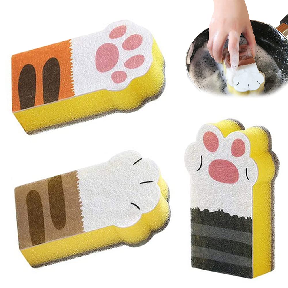 Zhanshuidefaq Multicolor 3 Pcs Sponge Brush Cat Claw-Shaped Cleaning Sponges Block Thickening Decontamination Kitchen Brush Sponges Cute Household Cat Claw Sponge Wipe For Kitchen
