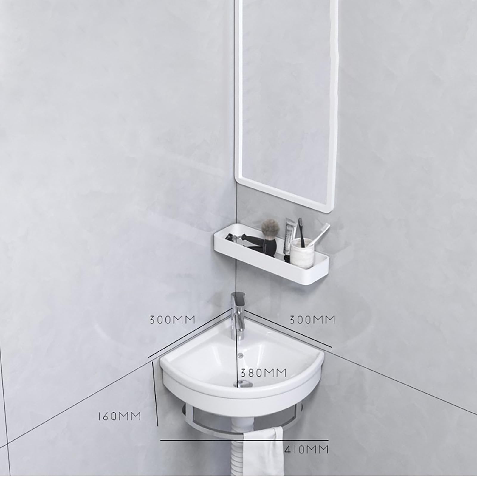 Fregadero triangular de porcelana montado en la pared con escurridor, perfecto para interiores y exteriores, para espacios pequeños, garaje, lavandería y lavaderos