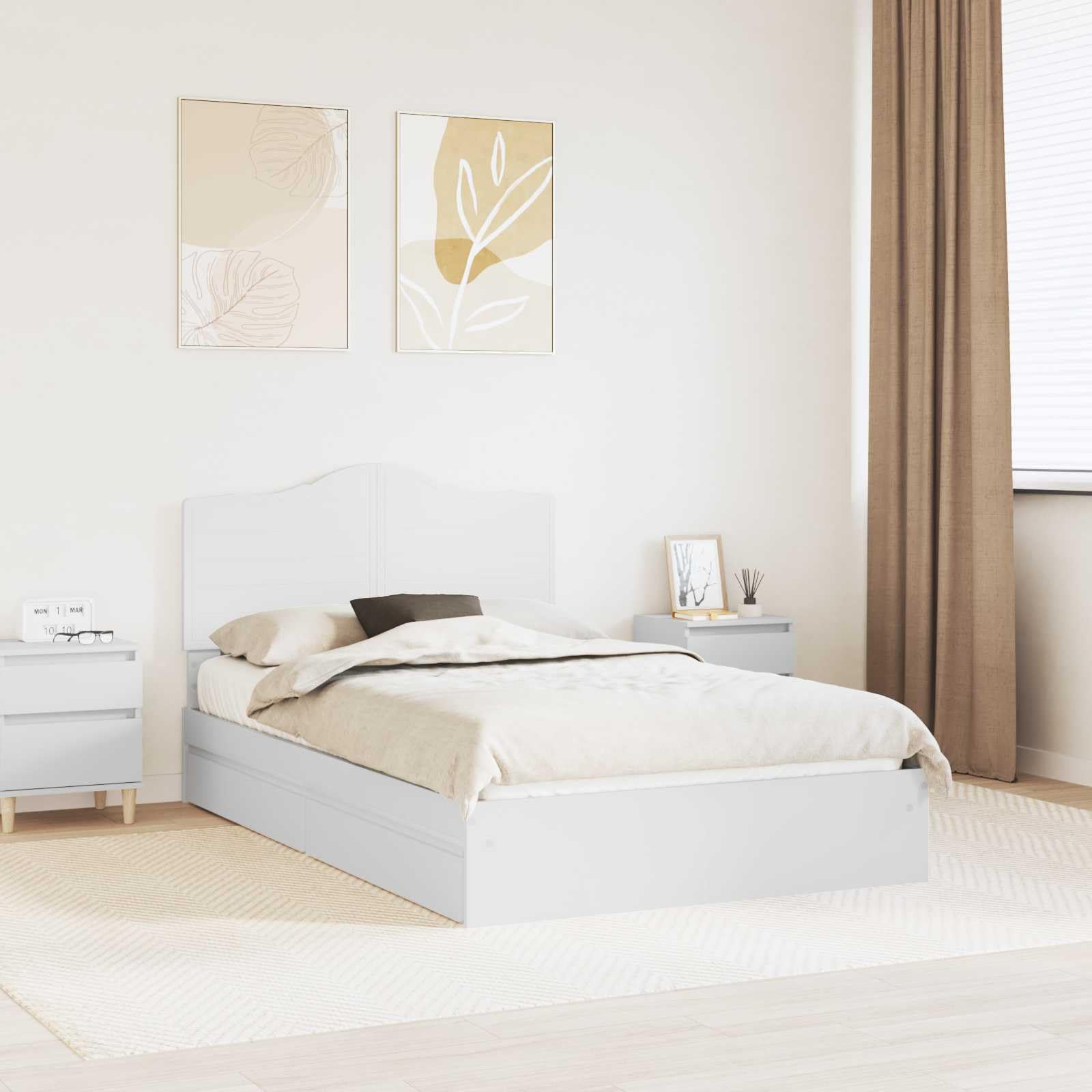 vidaXL Storage Bed with Headboard White 120 x 190 cm Engineered Wood, Modern, Rectangular Bed Frame for Stylish Sleeping Space, Durable Engineered Wood Platform, Customized Width Solution