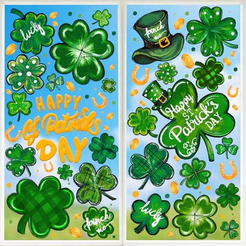 Natonhi 9 Sheets St. Patricks Day Window Clings Static Double-Sided Printing Extra Large Shamrock Decals and Stickers for Glass Windows Lucky Irish Home Decor and Spring Decorations
