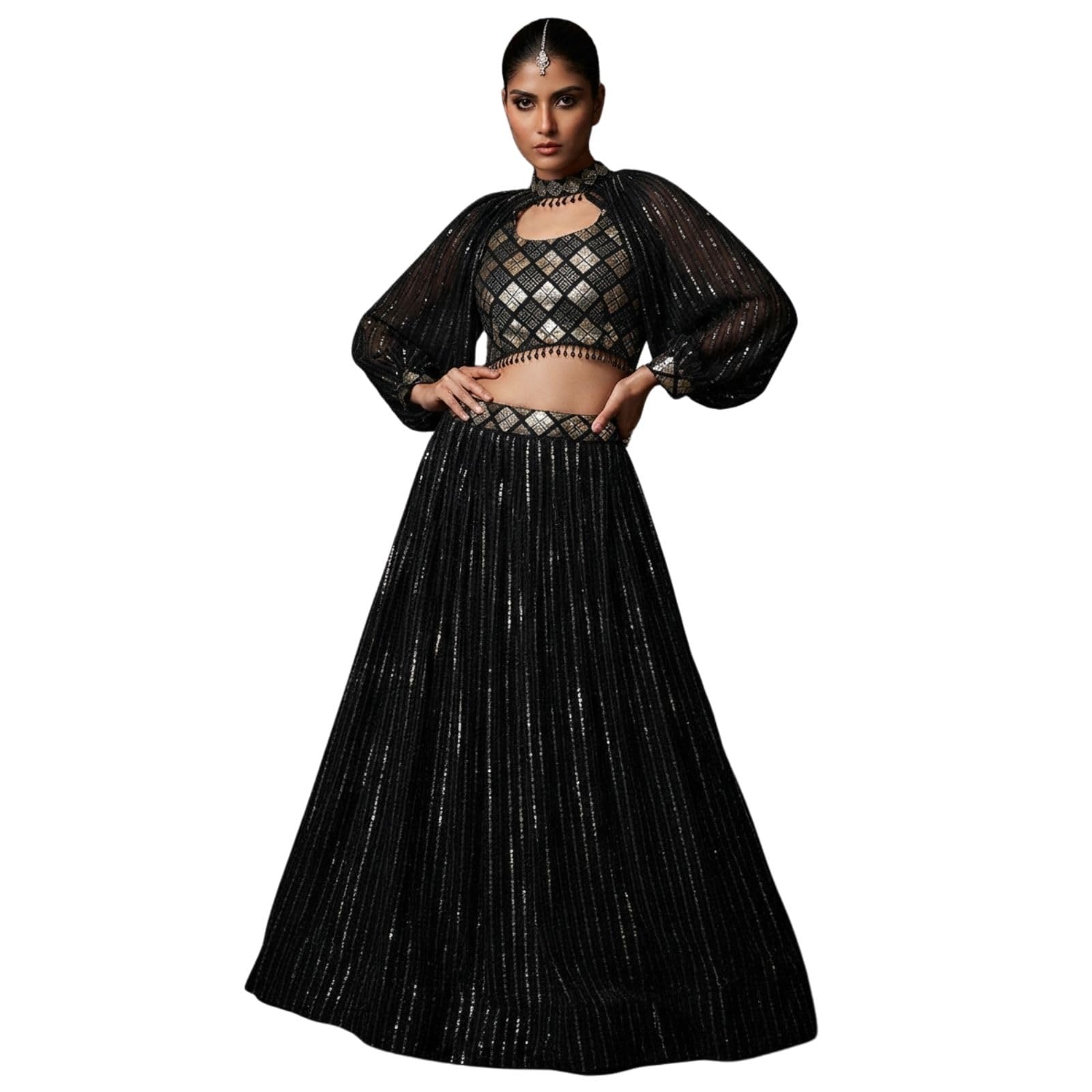 JIHU CULUTURE Black Georgette Sequence Work Crop Top lehenga choli for women-image-19