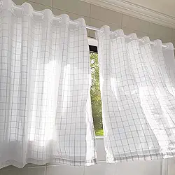 Cortina Cozinha 1,20 x 2,00m Branca com Forro Microfibra Voil Xadrez Tecido Duplo Ilhós para Varão de 19mm