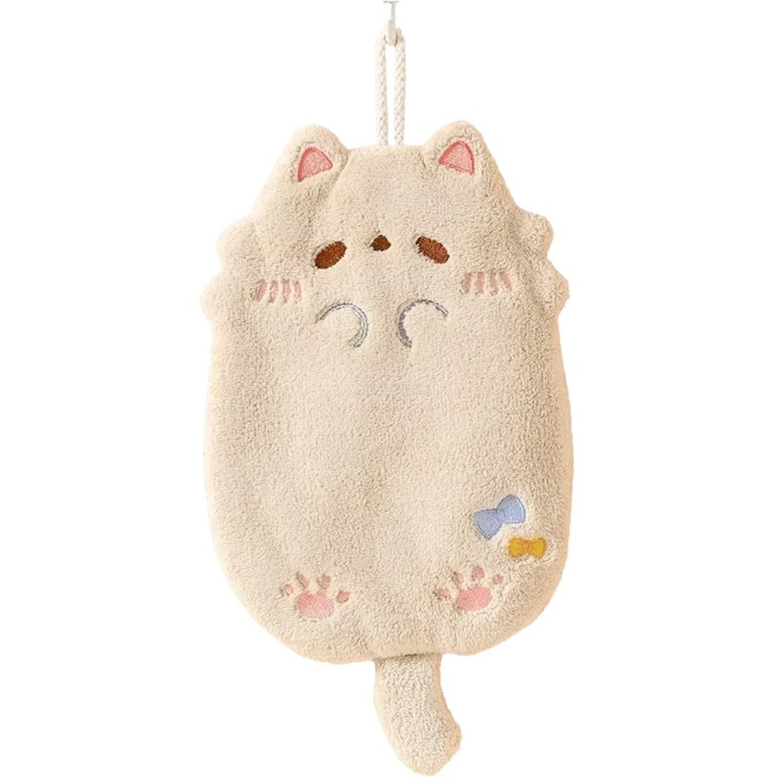 PPdingding 2pcs Cute Cartoon Cat Hanging Hand Towel - Soft Coral Fleece, Absorbent Kitchen & Bathroom Towels(Beige)