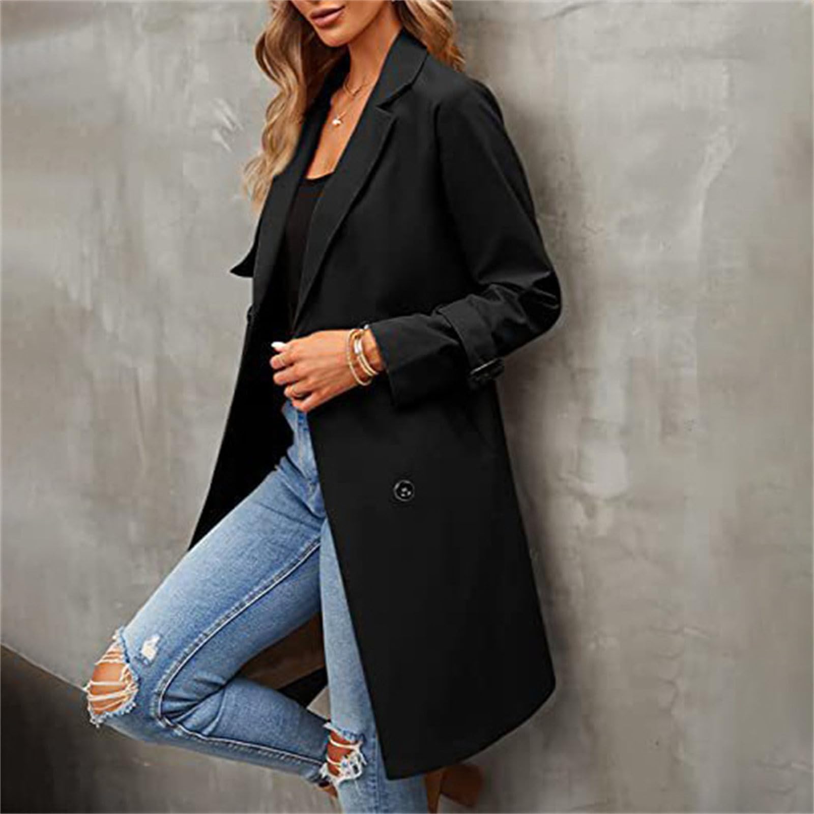 Generico Cappotto Di Lana Donna Autunno e inverno donna Tinta unita Fascia in vita bavero Doppio Trench Cappotto Donna Casual Trench versatile Piumini Donna Invernali (Black, S)