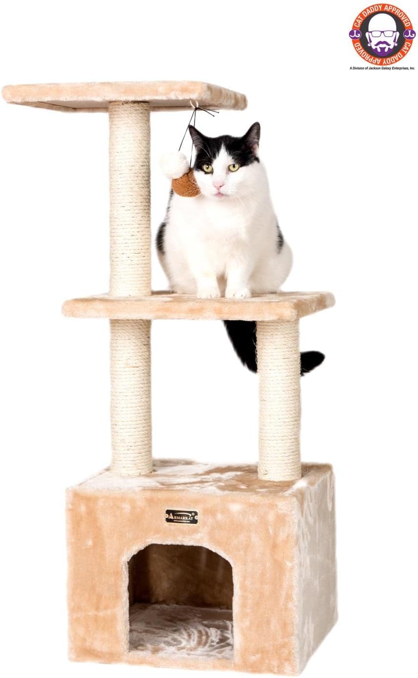 review Armarkat 3-Tier Cat Tree Real Wood Furniture with Sisal Scartching Post, Beige, 16