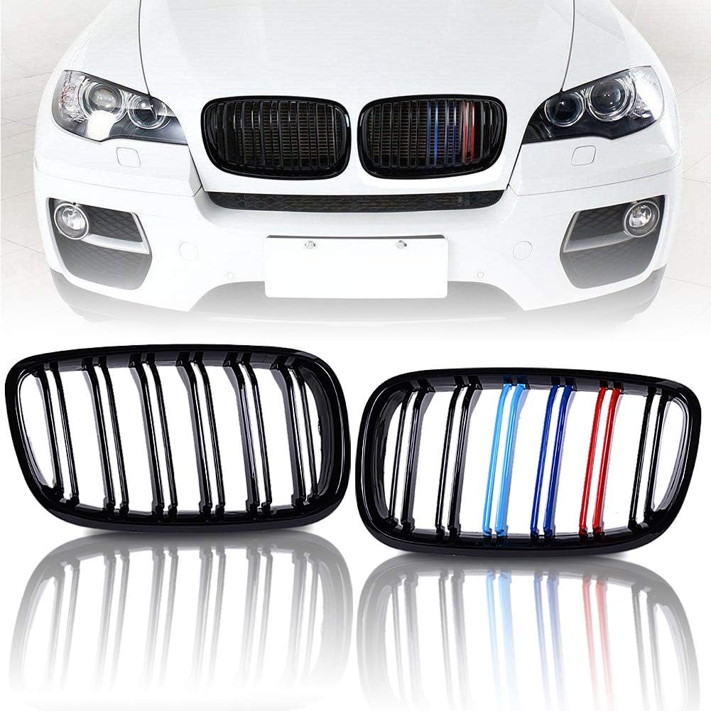 runmade Pair Front Hood Kidney Grille Center Bumper Sport Grill Compatible with BMW X series (MutiColor Glossy Black, Double Line, 2007-2013 E70/E71)