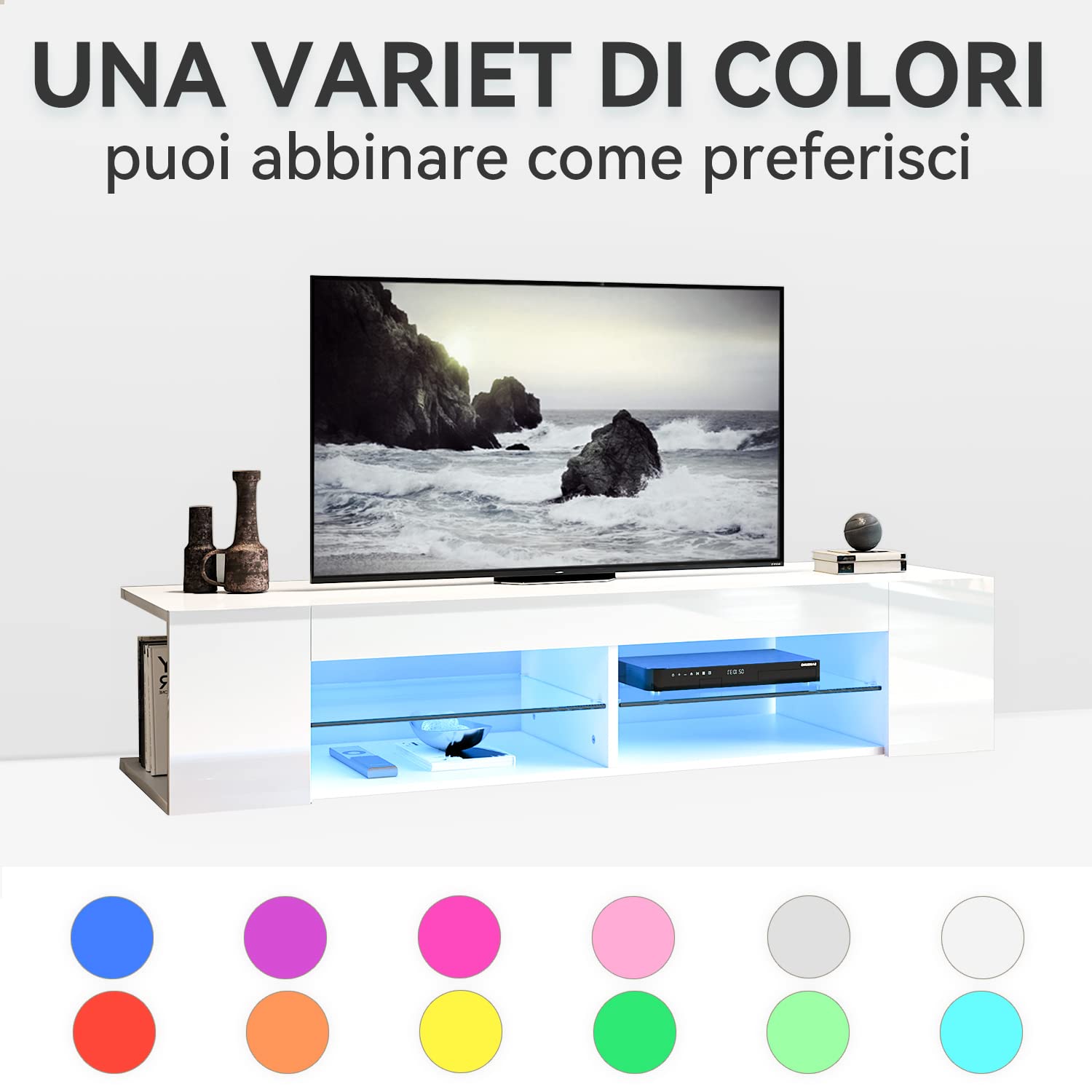 Stand TV LED Moderno Living Room White Glass Shelves - Dettaglio