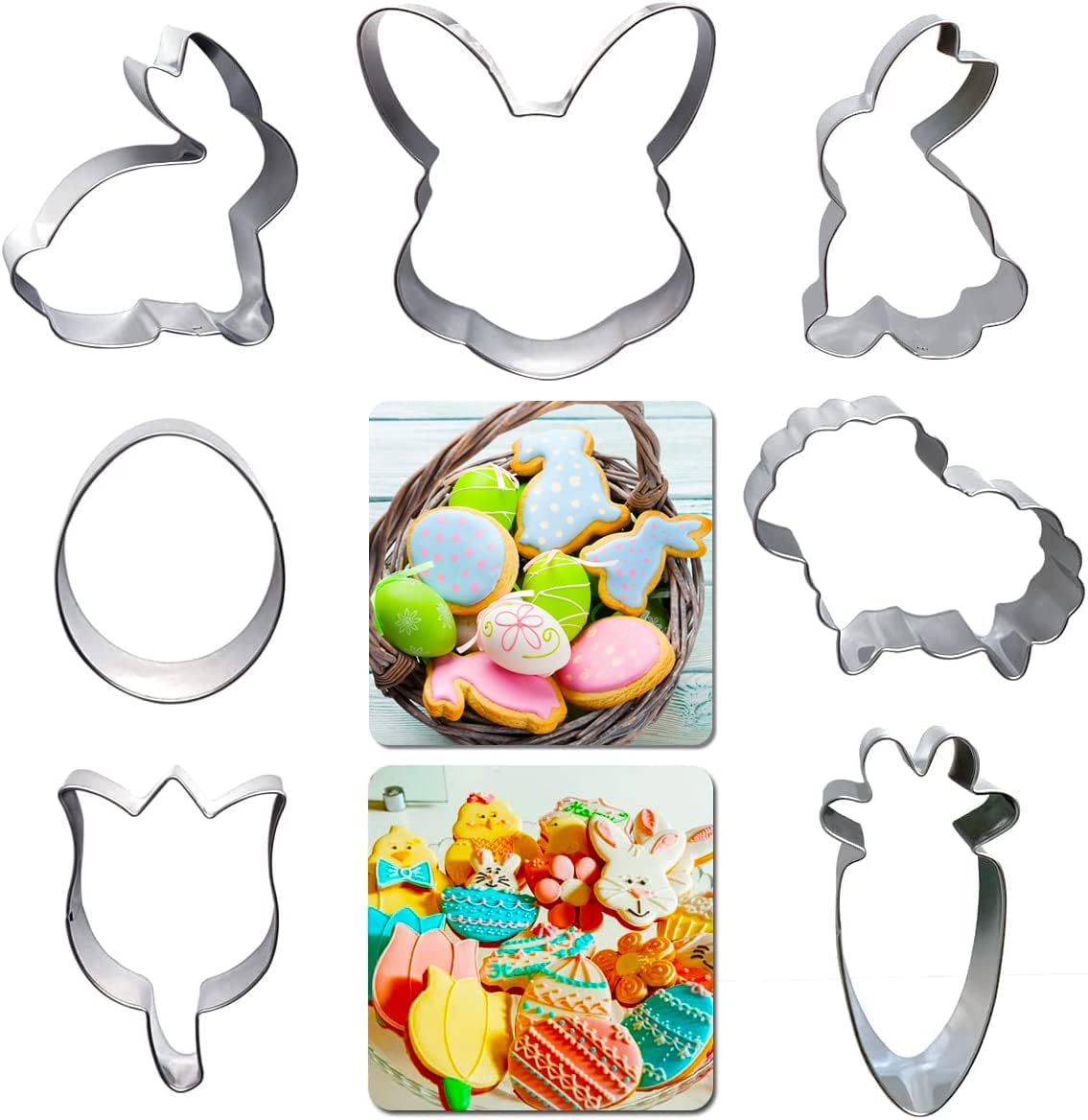 Easter Cookie Cutters 7pcs Large, Bunny Egg Carrot Tulip Rabbit Sheep Cookie Cutter Mold, Strudy Fondant Biscuit Cutter for Kids Easter Basket Gift Bunny Themed Party Daily Baking Tools