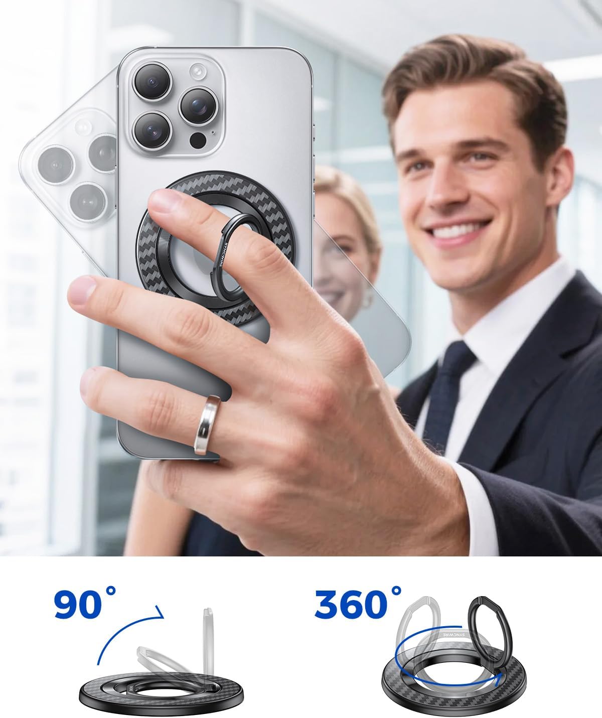 Person holding phone with ring grip and using it as a kickstand