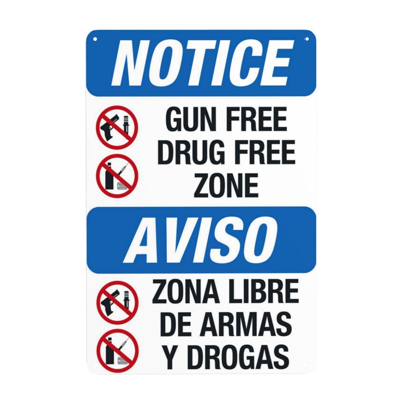 Gun Free Drug Free Zone Bilingual Vintage Metal Safety Warning Sign 12x8 Inch