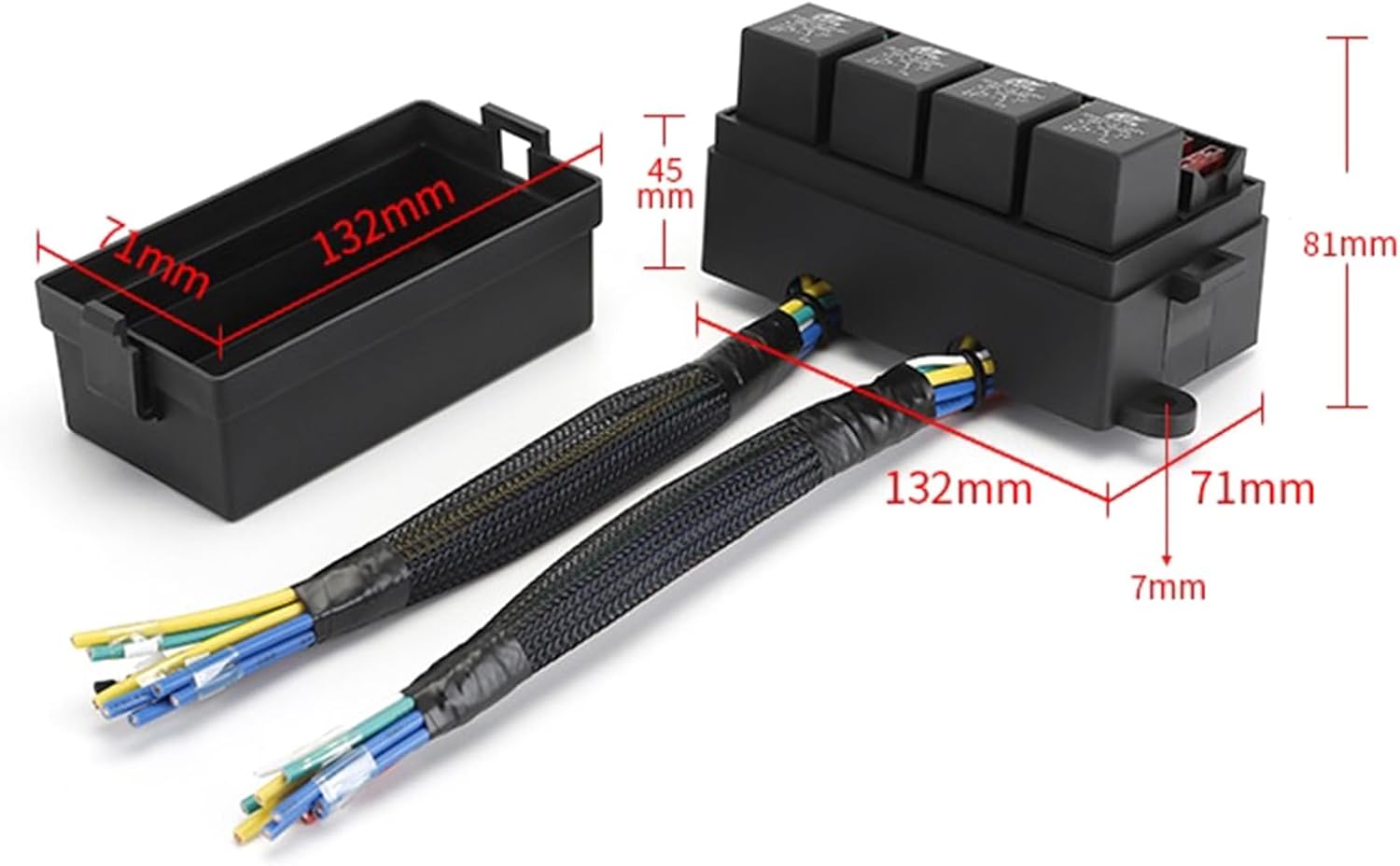 Dimensions of the RQG 12V Fuse Relay Box, showing length, width, and height measurements