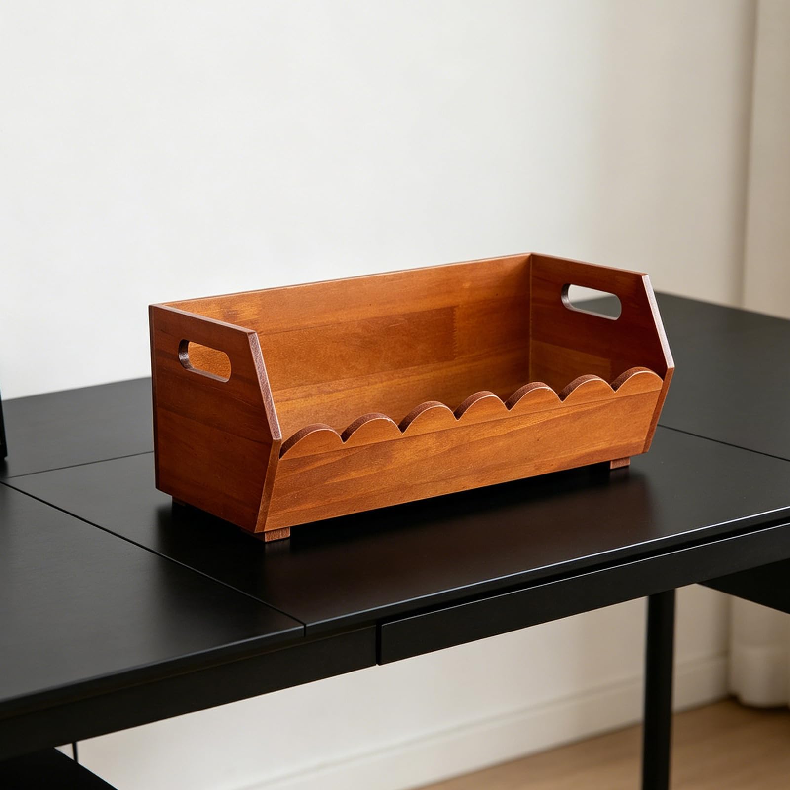 Beaupretty Cesta de Madera Asa, Abertura Amplia y Base Plana para Mesa | Marrón, Vetado Auténtico y Bordes Ondulados, Estilo Nórdico Moderno, Acceso Rápido y Transporte Fácil