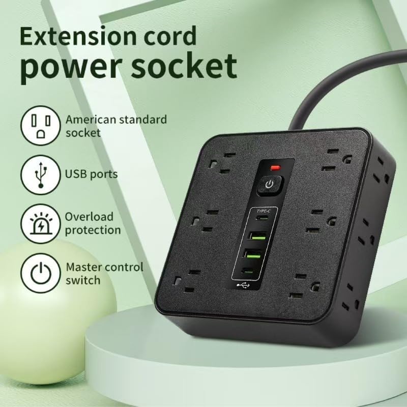 16 in 1 Power Strip,3 USB Ports and 2 Type-C Ports with Time Display Function, Suitable for Home and Office Use (Black)
