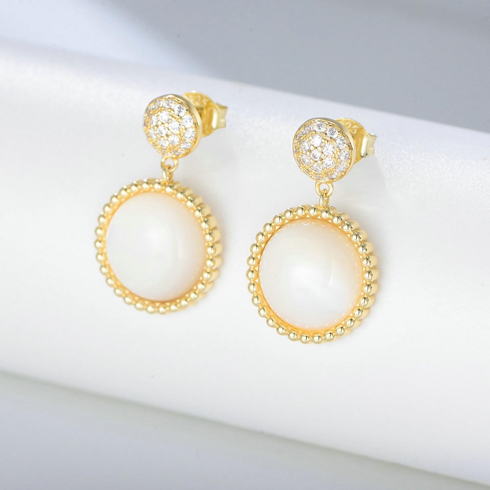 Pendientes de oro para mujer de 9/14/18 quilates, aretes colgantes de concha con diamantes de oro real para ella