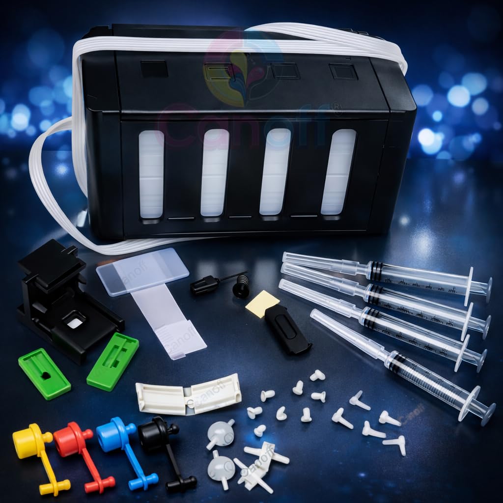 CANOFF Continuous Ink Supply System CISS Ink Tank Kit for Inkjet Printers, 4 Color CMYK External Tank with Tubes, Syringes, Accessories, Compatible with Selected HP DeskJet & Canon Pixma Cartridges CANOFF Continuous Ink Supply System CISS Ink Tank Kit for Inkjet Printers, 4 Color CMYK External Tank with Tubes, Syringes, Accessories, Compatible with Selected HP DeskJet & Canon Pixma Cartridges