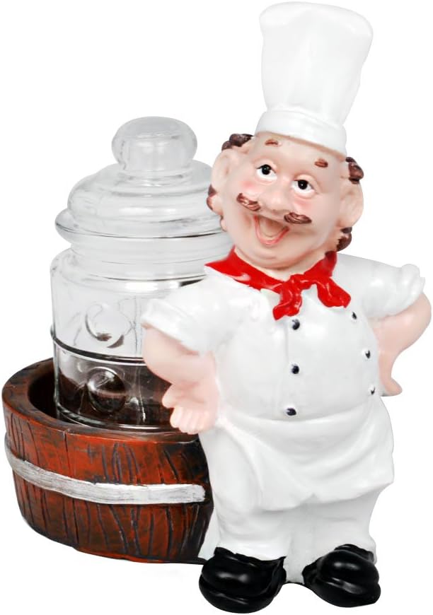 EZ LifeFat Foodie Chef Resin Holder with Big Glass Bottle Jar for Pickles, Achaar and Spices - Cannister for Dinner Table - Dining Décor (Posing)