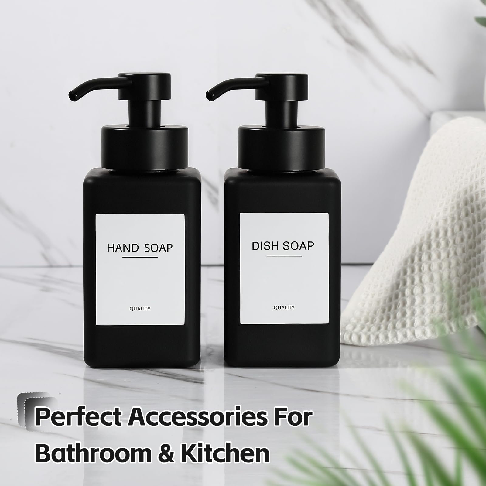 Dispenser di sapone per le mani in schiuma nera, 350 ml, set di 2 dispenser di sapone in schiuma con pompa per schiuma, dispenser ricaricabile per sapone per bagno, cucina