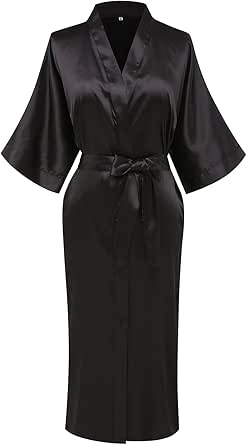 PRODESIGN Satin Kimono Robe Long Silky Bathrobe With Ostrich Feather Trim Sleepwear Wedding Bridesmaid Dressing Gown - View #7