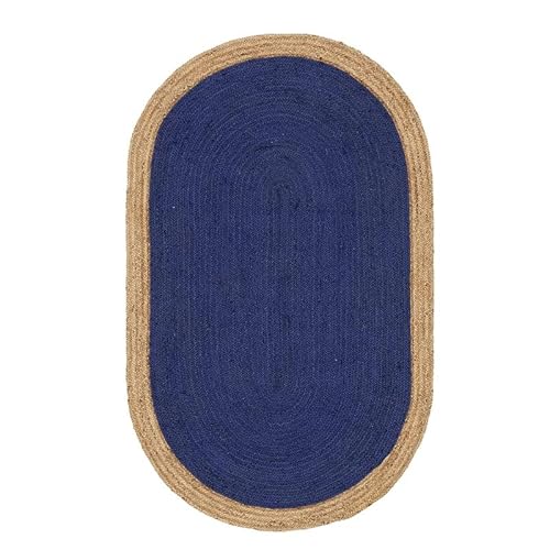 DN Handicraft Alfombra reversible de fibra natural india, 240 x 300 cm, color azul ovalada de yute Cover