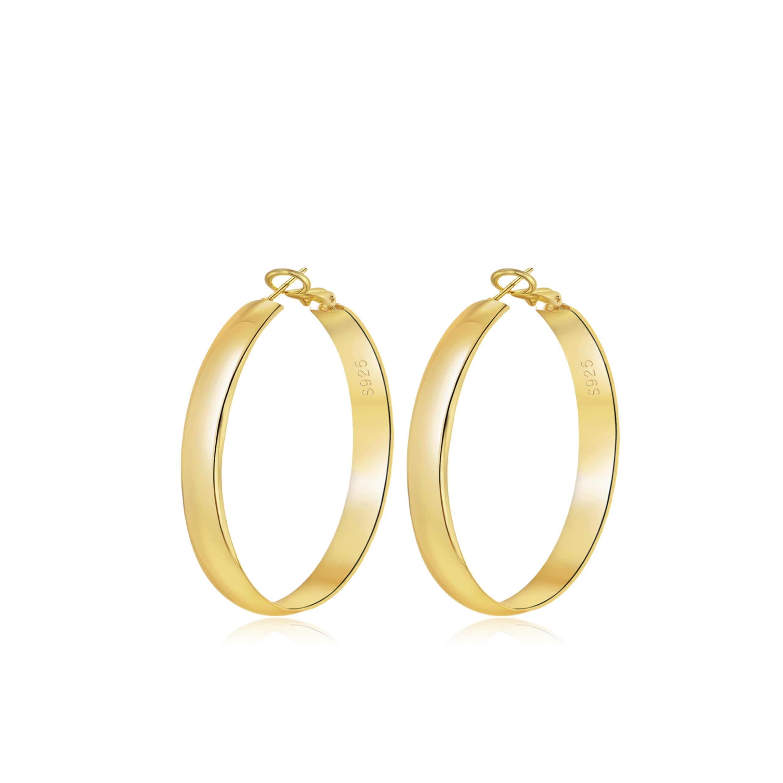 DHZJTSL 5mm Wide Gold Hoop Earrings for Women, 14K Gold Plated Big Chunky Hoop Earrings with S925 Sterling Silver Post, Hypoallergenic Lightweight