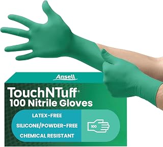 Ansell TouchNTuff 92-605 Nitril Einweghandschuhe Puderfrei, Professionelle Schutzhandschuhe für Chemie und Mechanik, Lebensmittel Einmalhandschuhe, Latexfrei, Grün, Größe L (100 Handschuhe)