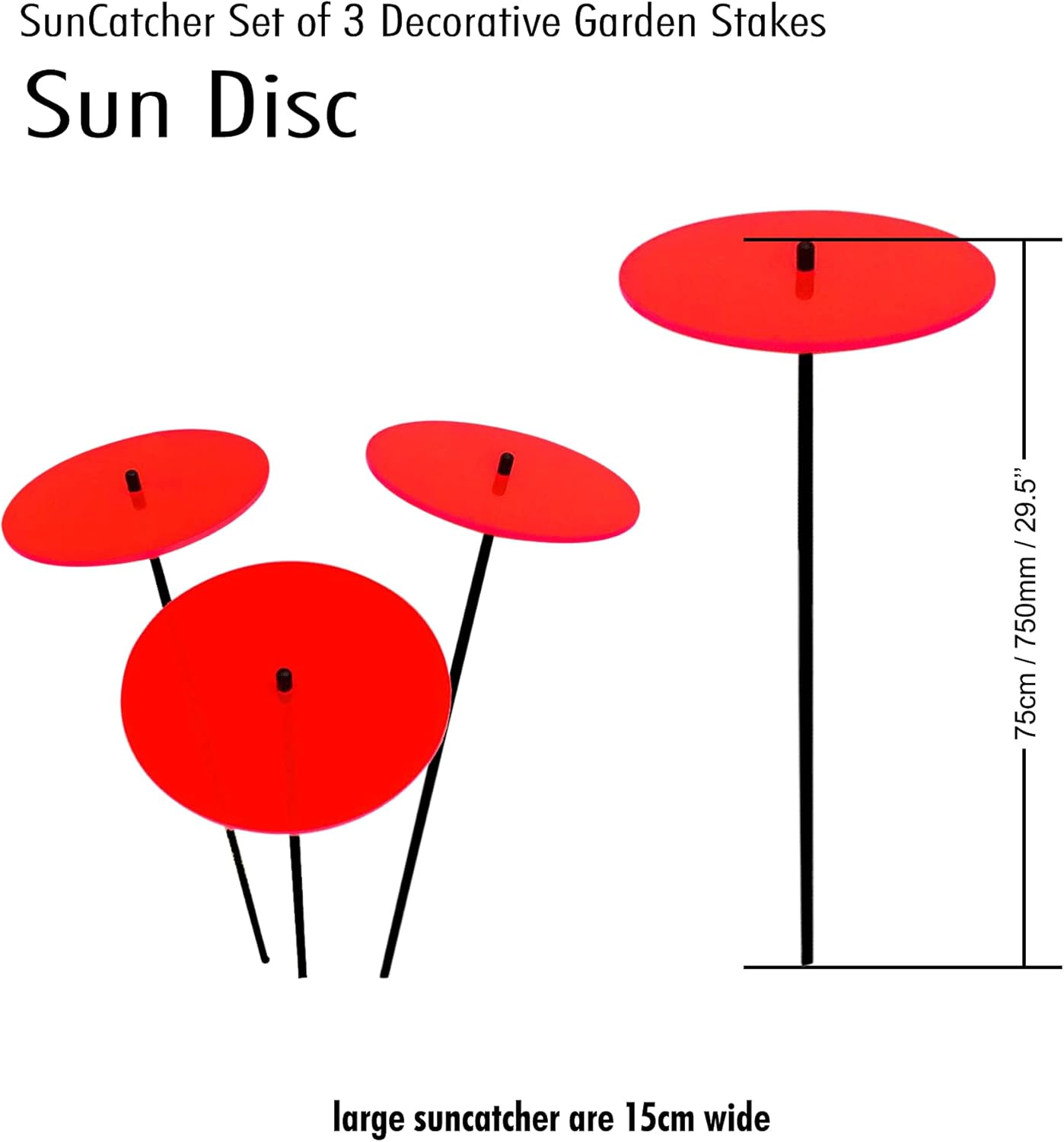 Glowing Sun Discs Set of 3 Sun Catcher Garden Decor Large Garden Stake 75cm, 29.5 inches high Indoor Outdoor Yard Accessory Gardeners Gift, Colour:Fluorescent Red