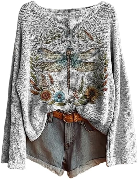 Women's Boho Floral Print Knit Sweaters Vintage Long Sleeve Casual Loose Crewneck Pullover Sweater Tops