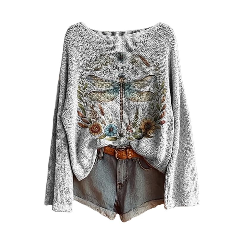 Womens Boho Floral Print Knit Sweaters Vintage Long Sleeve Casual Loose Crewneck Pullover Sweater Tops