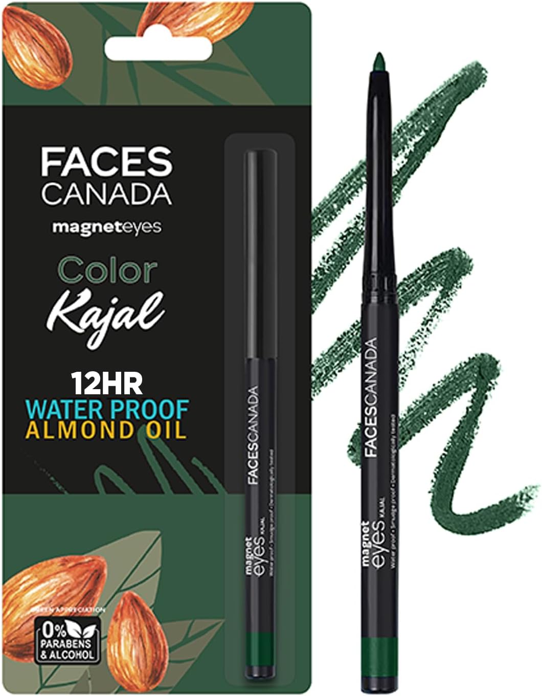 FACESCANADA Magneteyes Color Kajal Pencil - Green Appreciation 02, 0.30G|Highly Pigmented Kohl|12 Hr Long Stay|Matte Finish|Single Stroke Glide|Water Proof|Smudge Proof|Almond Oil Enriched