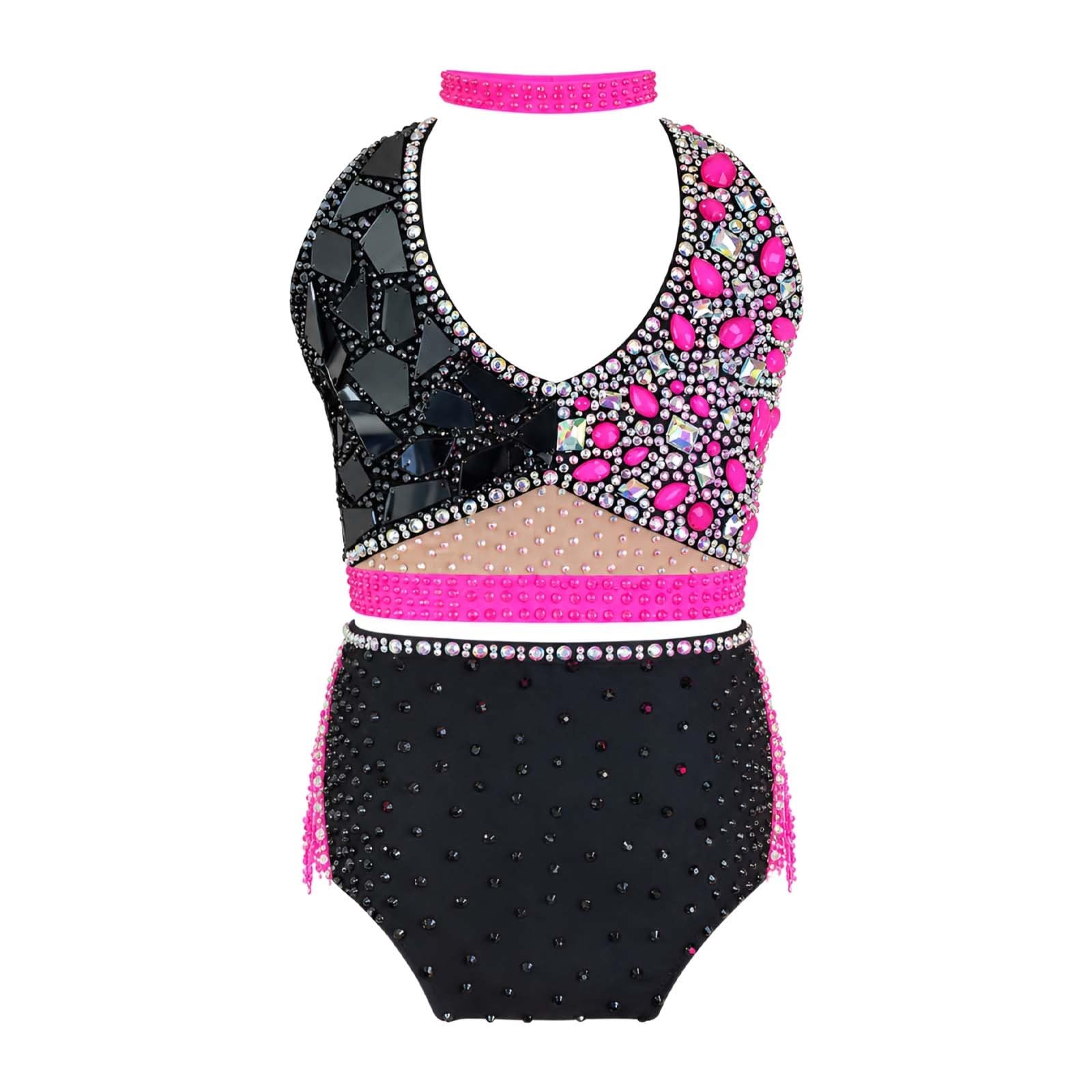 Lyrisches Tanzkostüm für Damen Zweiteilig mit Stehkragen und Strass | Modernes Tanzoutfit, Elastischer Spandex mit Atmungsaktivem Mesh und Großen Kristallen, Riemenrücken für Wettbewerb