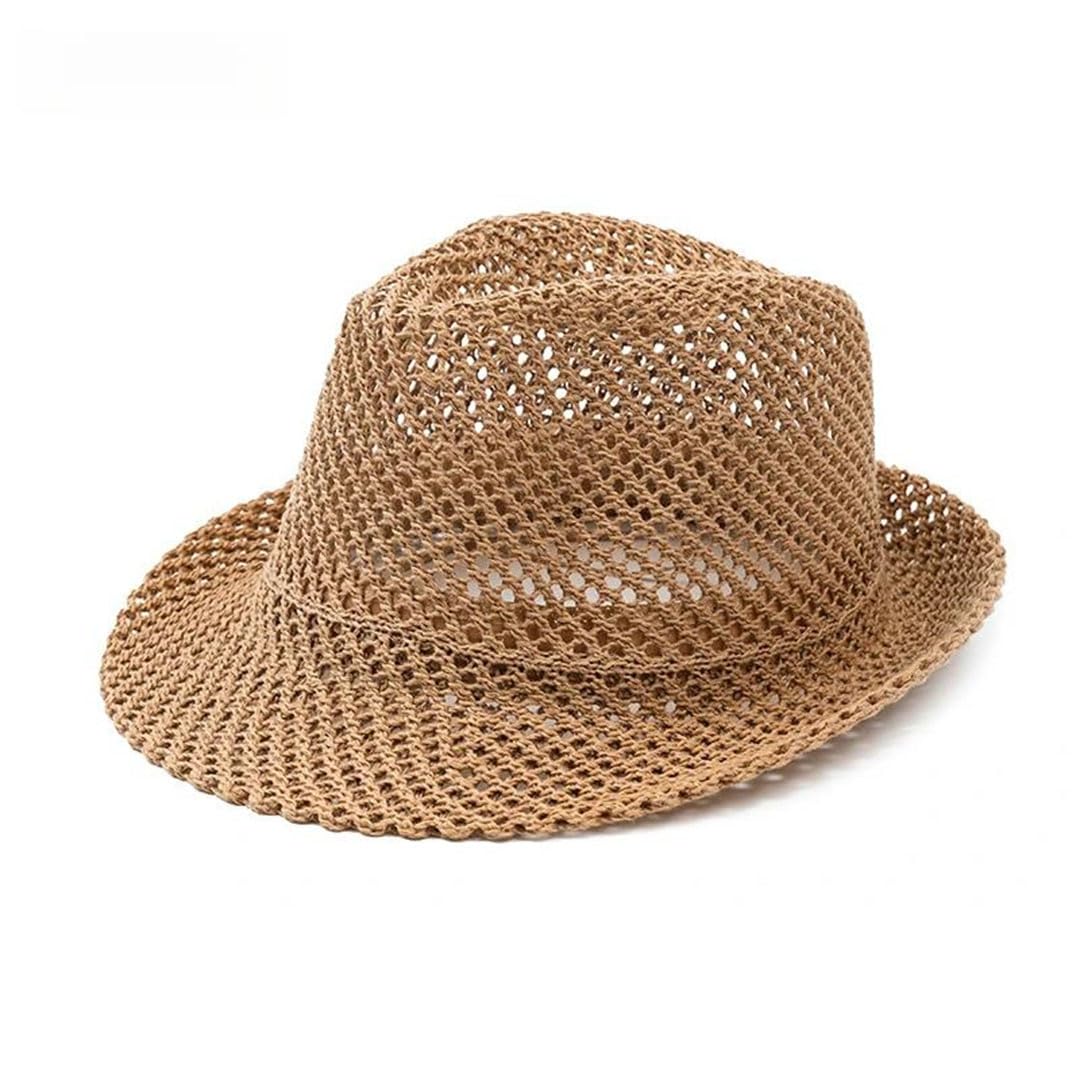 Cappello Panama unisex traspirante design a rete in cotone-poliestere materiale tesa compatta circonferenza testa Jazz Cap, Marrone, 7.125