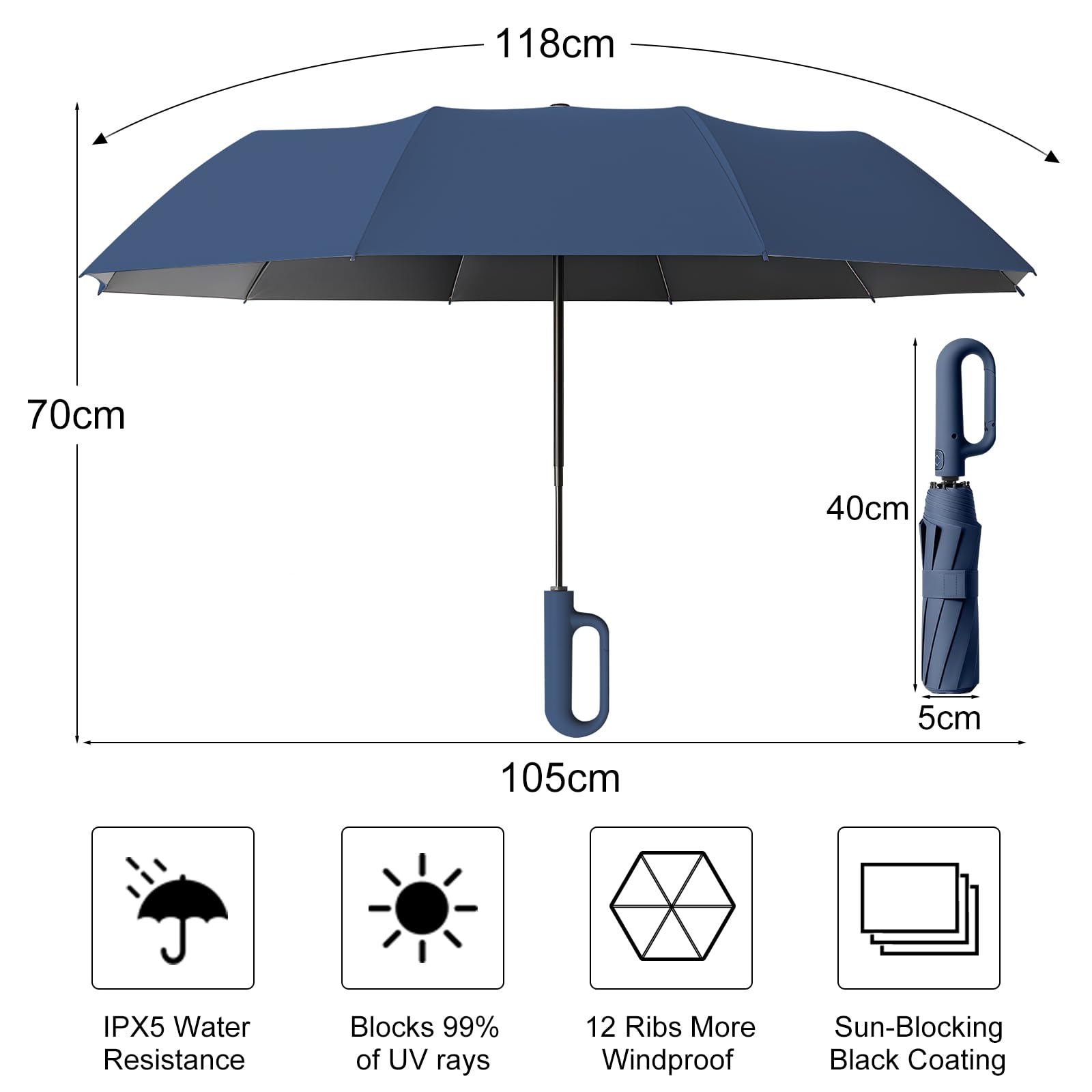 HCQC Parapluie Pliant Automatique Compact – Résistant au Vent et à la Tempête – Léger et Solide – Ouverture et Fermeture Faciles – Parapluie de Voyage pour Homme et Femme