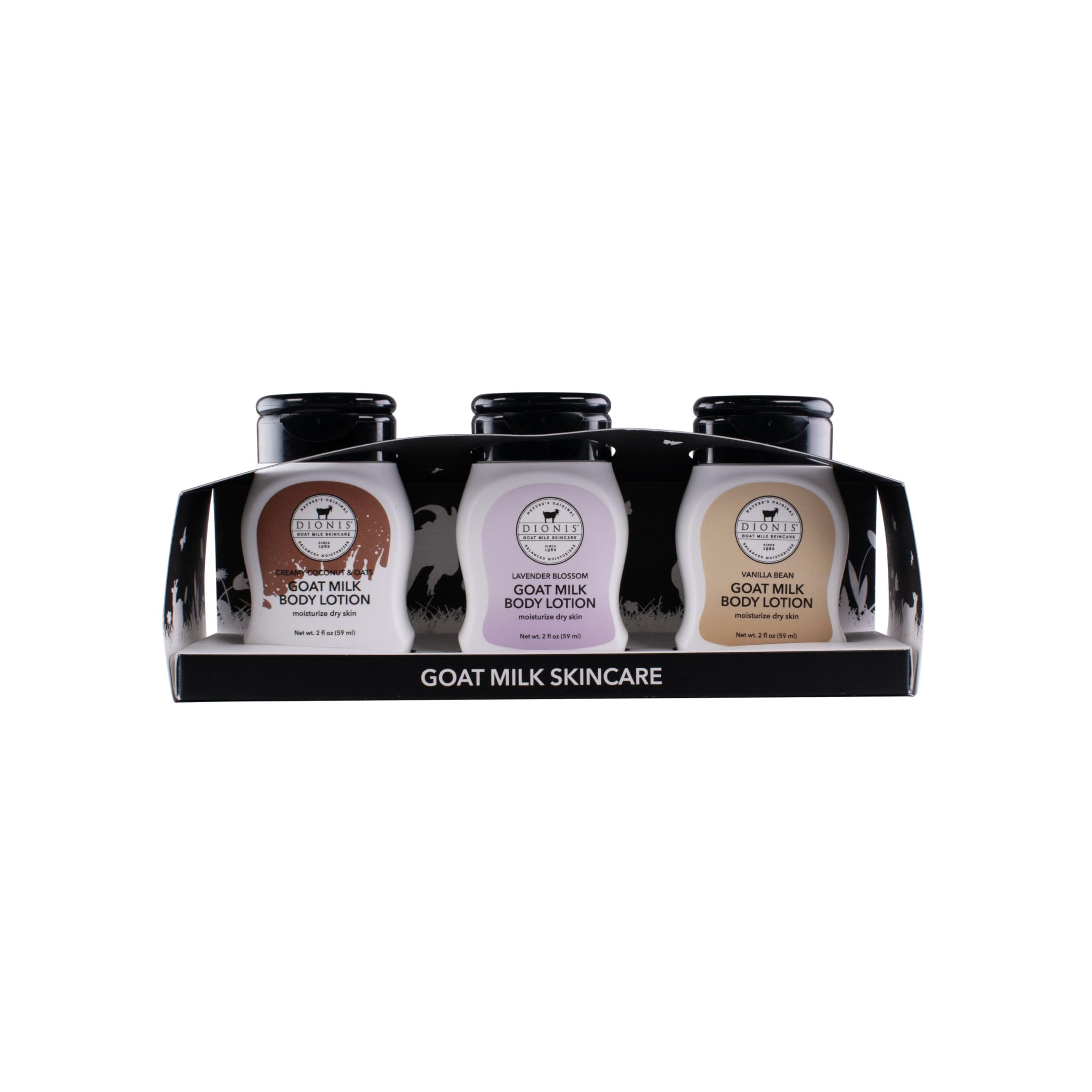 Dionis Goat Milk Scented Body Lotion Travel Size 2 oz Lavender Blossom, Vanilla Bean & Creamy Coconut & Oats 3-Piece Gift Set