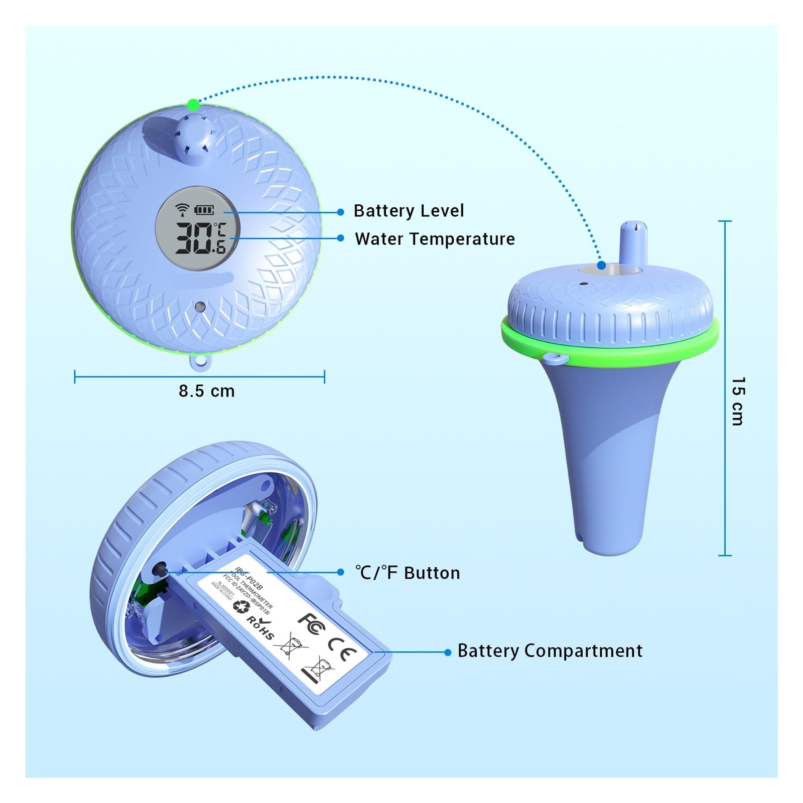 Termómetro de piscina con Bluetooth IBS-P02B mejorado for interiores y exteriores, ideal for piscinas, spas, estanques acuarios