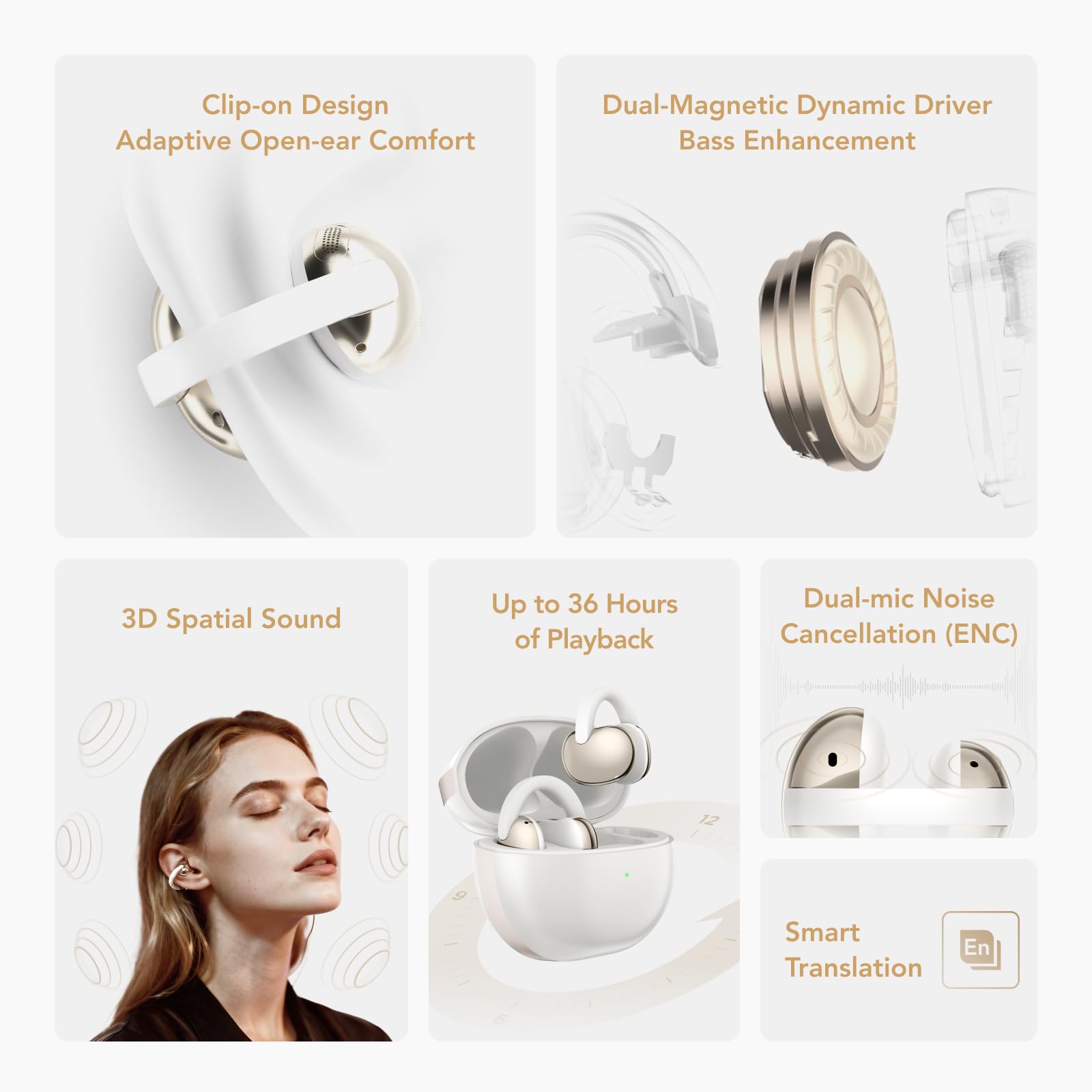 TCL Crystal Clip Bezprzewodowe Słuchawki | Open Ear OWS | Czas pracy 28h | IP54 | Bluetooth 5.4 | Multipoint 2 Urządzenia | Redukcja Szumów ENC | Bez zatyczek | Całkowity komfort