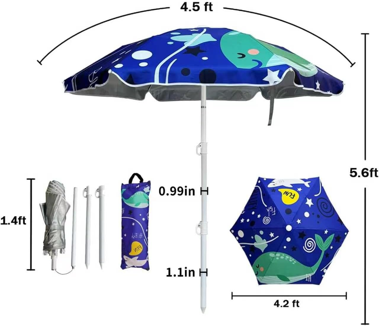 LOTTAFUN Water Table Umbrella Kid 5ft Beach Umbrella Diameter 0.99-1.1 Inches Pole UV 50+ Portable Sun Shade with Sand Anchor & Carry Bag, Outdoor Folding Umbrella for Beach,Pool,Patio,Garden (Dophin)NO Tilt The sand needs to be over 5inches above the bottom