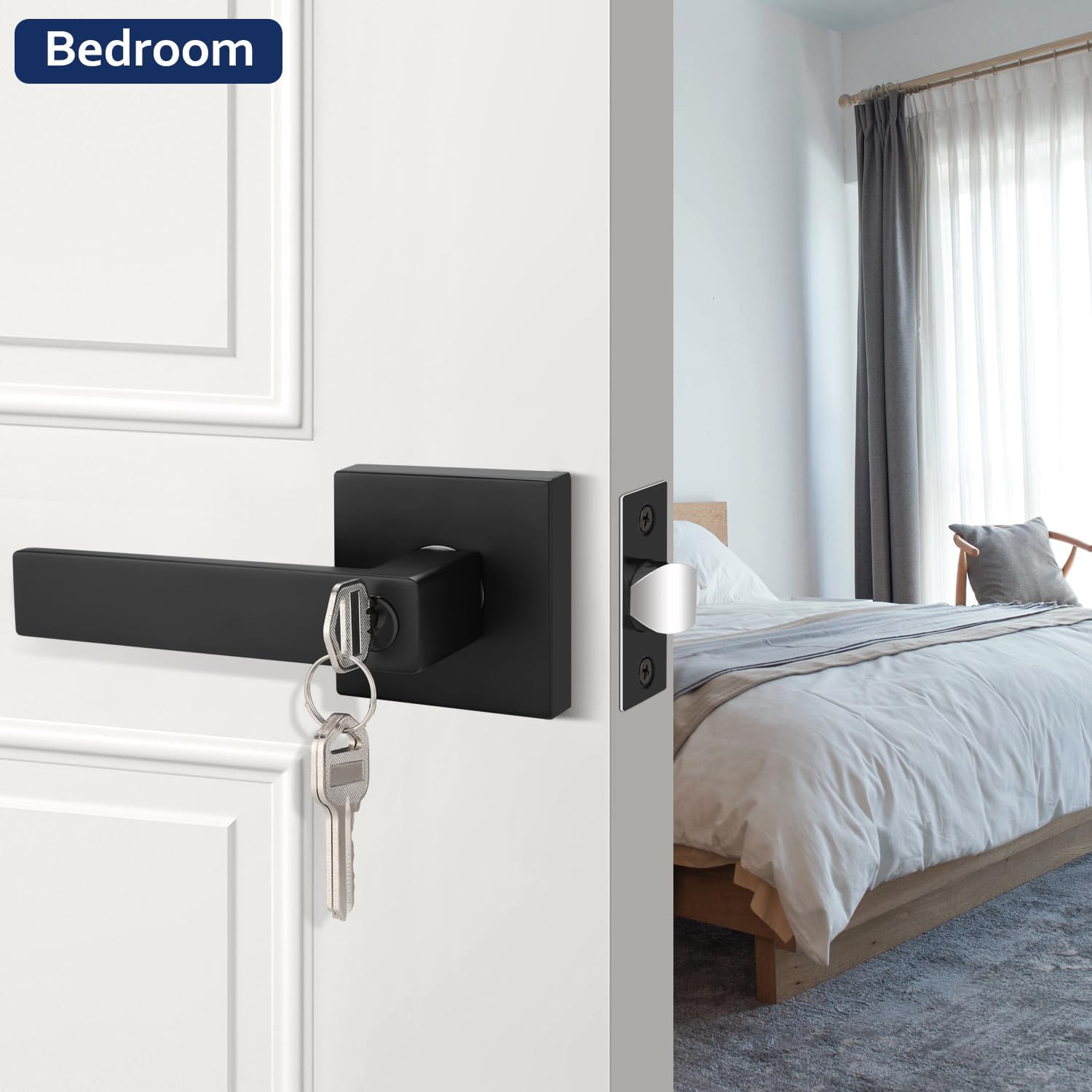 1 Pack Interior Door Handle, Black Door Knobs, Bedroom Door Knobs with Lock, Keyed Entry Door Handle, Different Keys, Lever Door Handle, Reversible for Left/Right Handed Doors