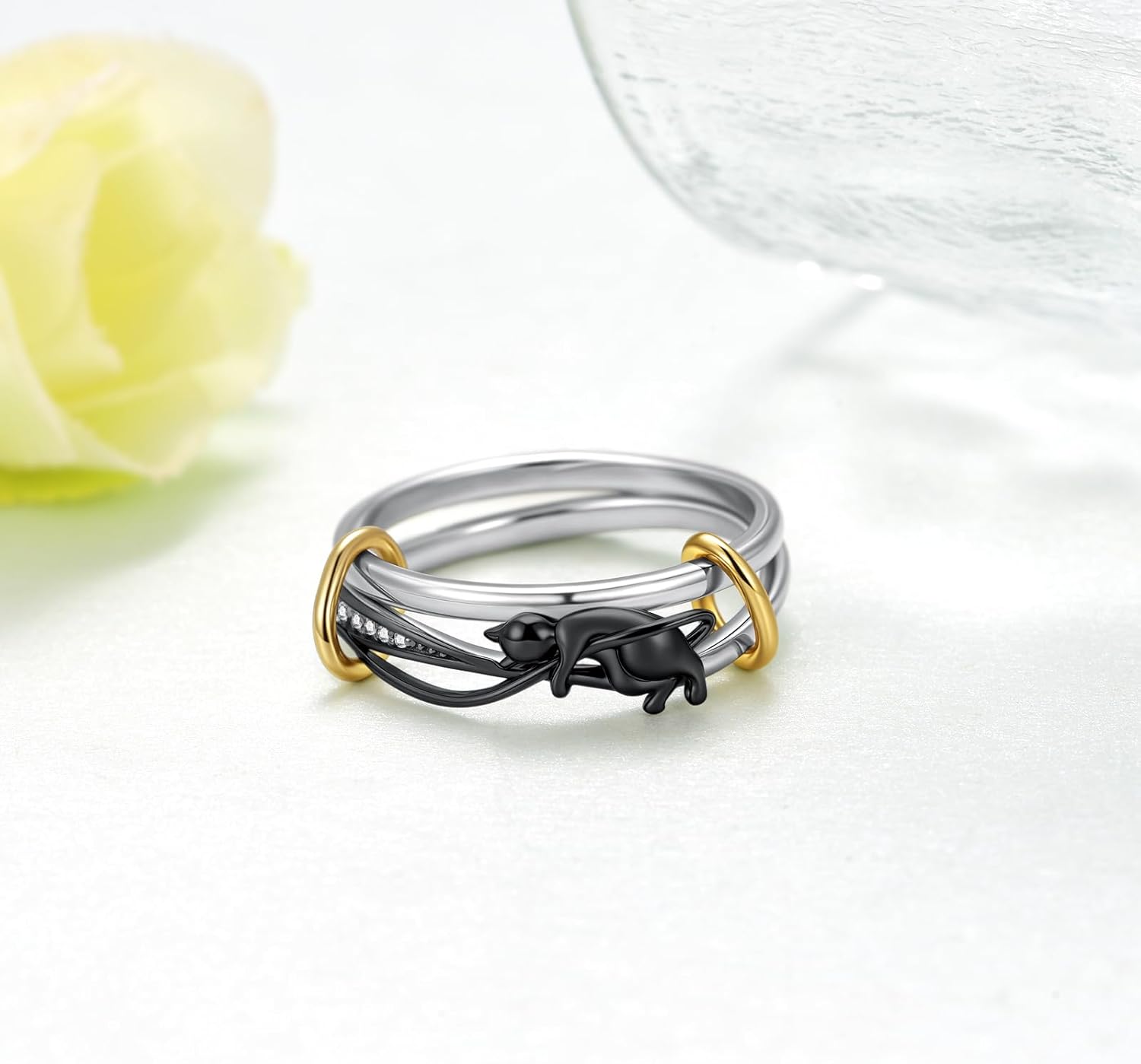 Black Cat Stackable Rings 925 Sterling Silver Spinelli Stacked Rings Interlocking Mixed Metals Stack Jewelry Black Cat Gifts for Women