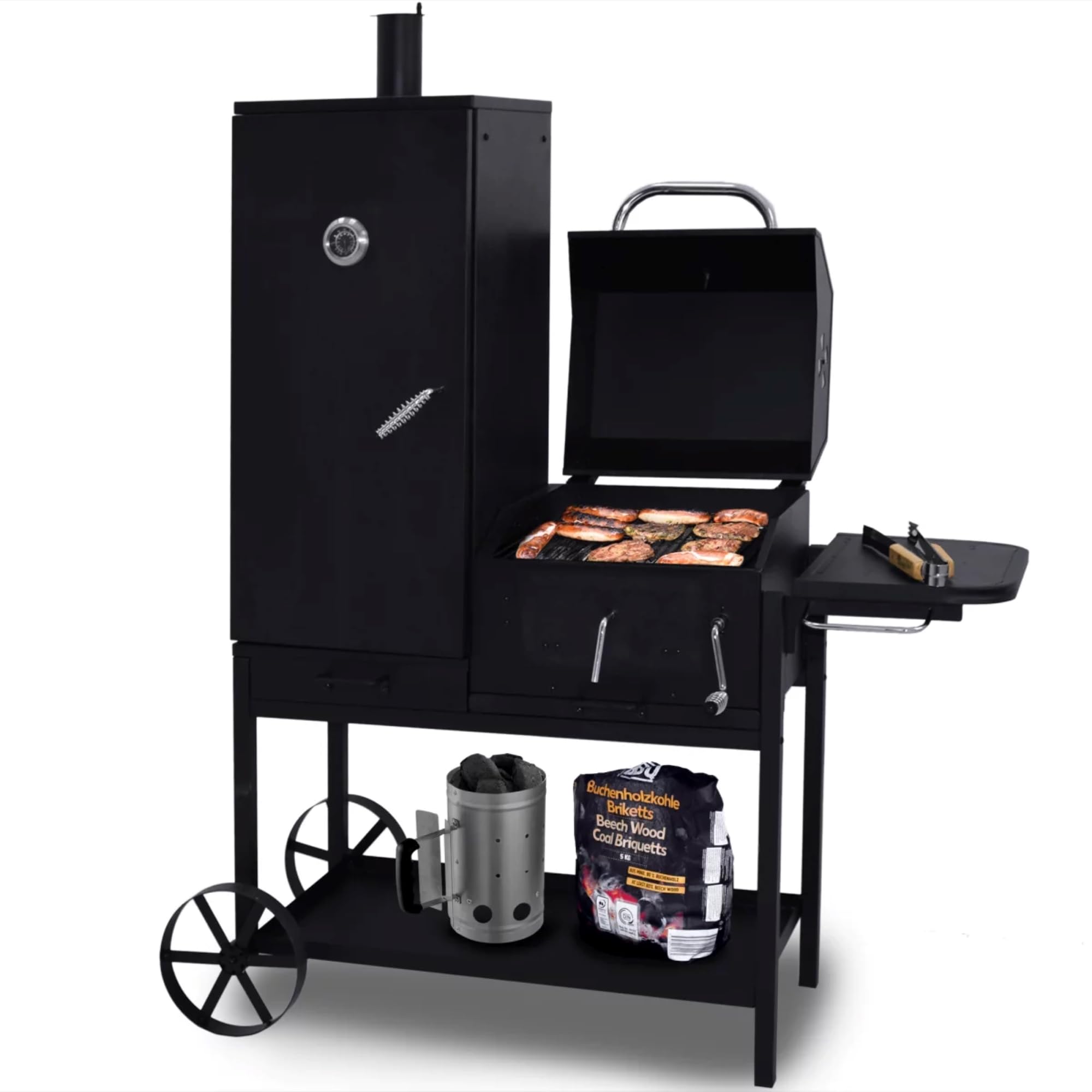 Syntrox Smoker Klavor mit Räucherofen, BBQ-Grill, Holzkohlegrill. Smokergrill, Stahl, Stahlblech mit Feuerschutzlack, Grillkammer und Räucherkammer, Holzgriffe, Aschetür mit Riegelverschluss