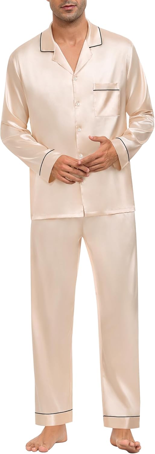 SWOMOG Mens Silk Pajamas Set Satin Long Sleeve Button Down 2 PCS Sleepwear V Neck Classic Loungewear Pjs with Long Pants - Image 5