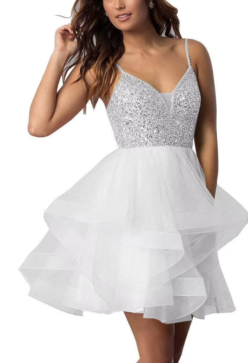 WORDSKEI Short Sparkly Prom Dress For Teens – Tulle Sequins, Spaghetti Strap, Open Back Homecoming Mini Dress - View #8