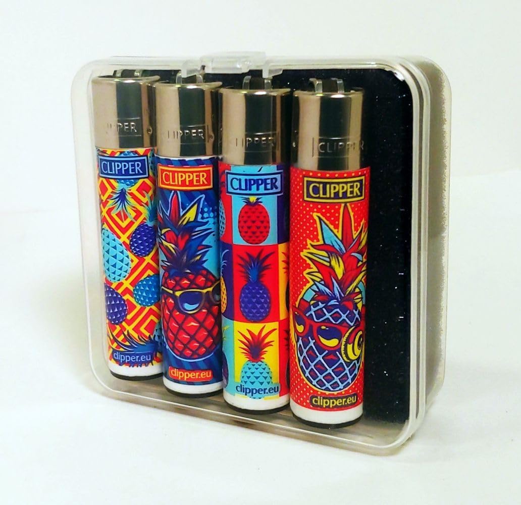Clipper Lighters - Hipster Pineapples - Set of 4 Lighters - Refillable & Re-flintable - Includes Display Case/Protective Holder - Tropical Colors
