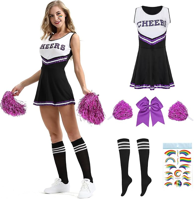 PASLFC Costume de pom-pom girl pour femme pour adulte, tenue de pom-pom girl, costume de pom-pom girl de lycée, pom-pom girl pour carnaval, fête, cosplay, carnaval, Halloween
