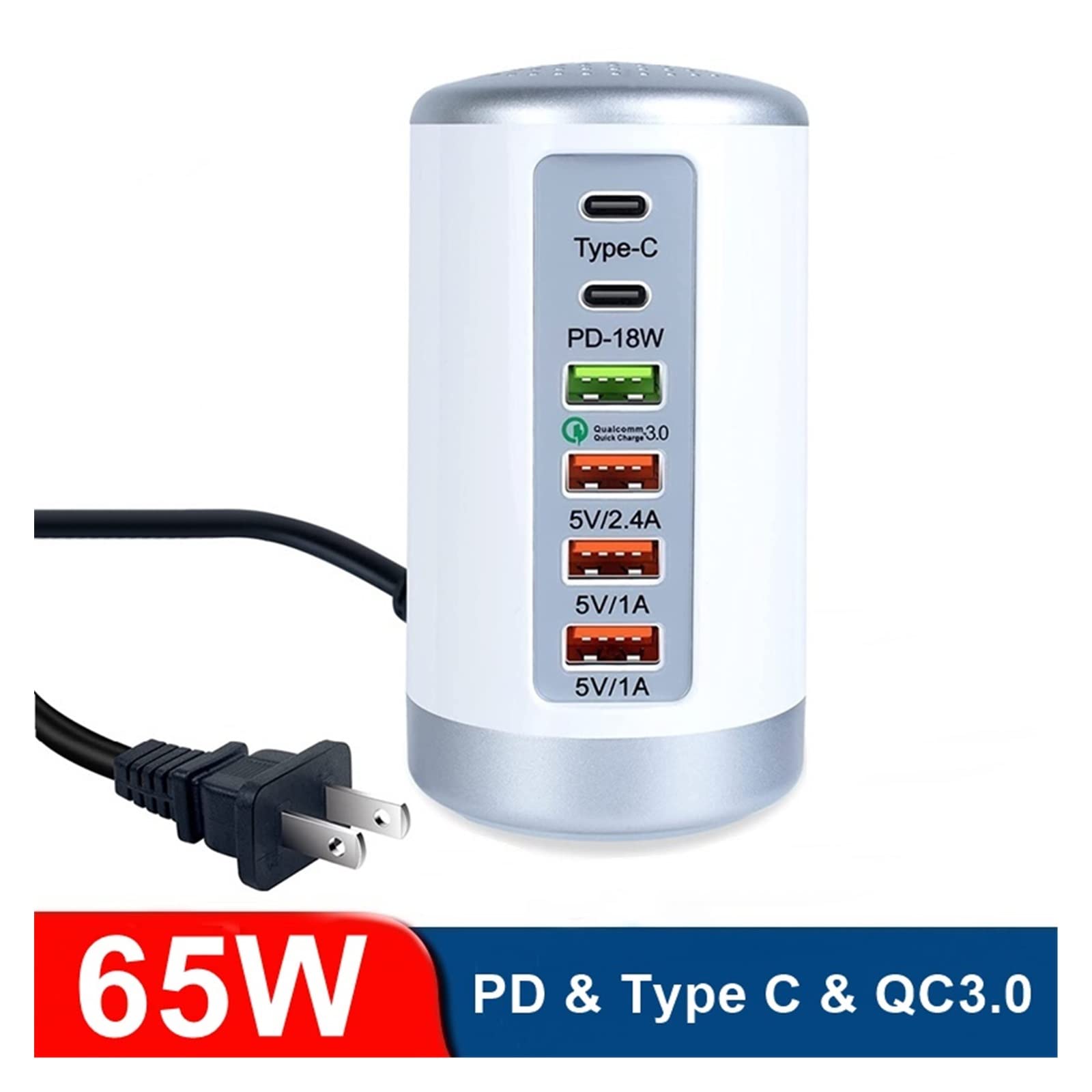EDEDE Chargeur USB, Station de Charge USB, HUB de Chargeur Rapide USB Universel 65W Charge Rapide QC3.0 Multi 6 Ports USB Type C PD Chargeur Station de Charge(65W Black)